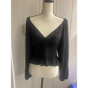 WAYF Shirt Womens Medium Black Smocked Long Sleeve Crop Top Elastic Waist NWT